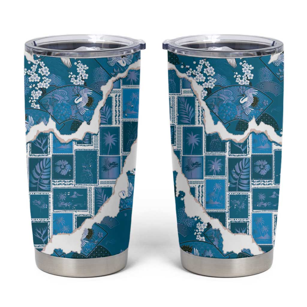 Hawaii Japanese Culture Blue Tumbler Cup Spring Cranes Aloha Pattern