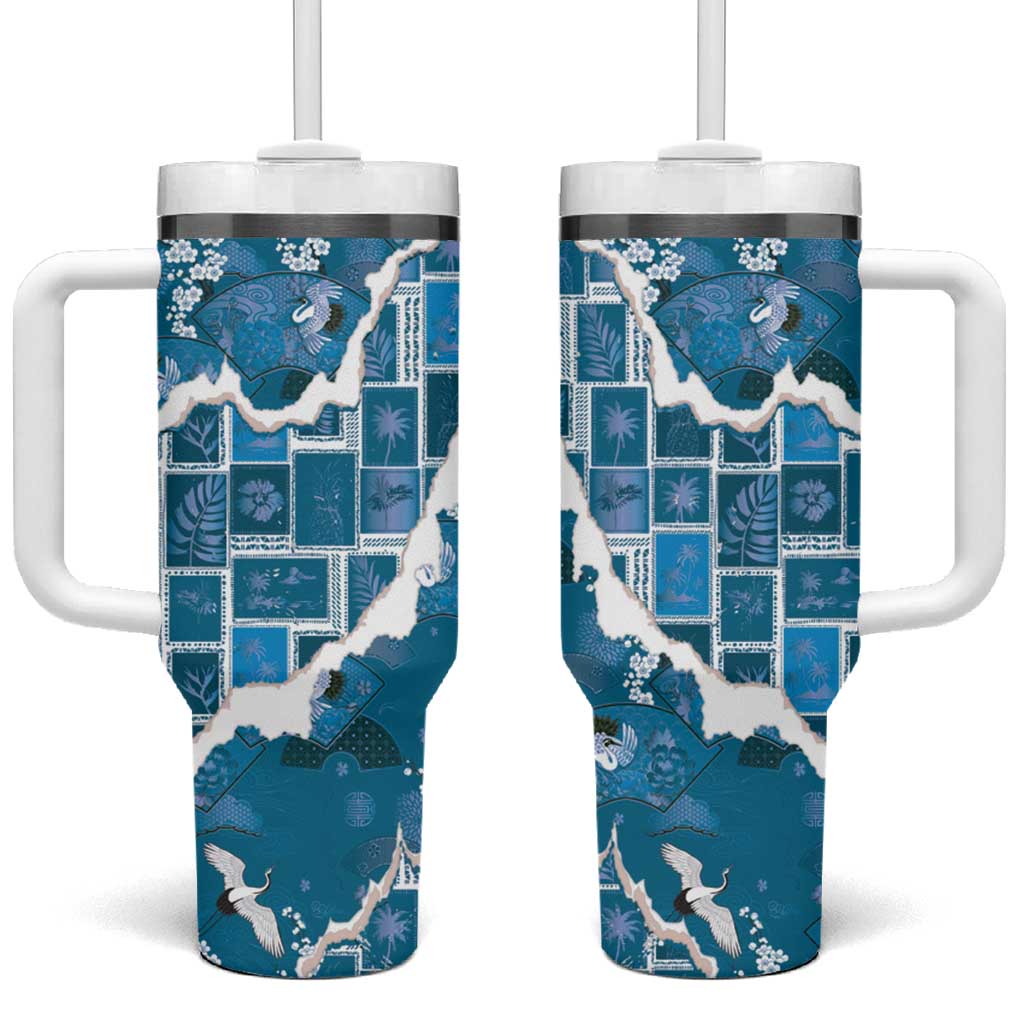 Hawaii Japanese Culture Blue Tumbler With Handle Spring Cranes Aloha Pattern LT01 One Size: 40 oz Blue - Polynesian Pride
