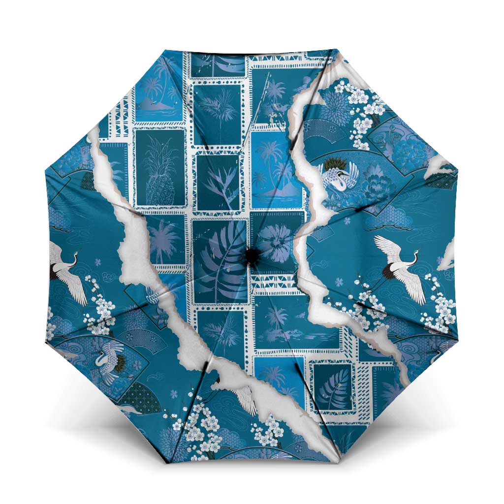 Hawaii Japanese Culture Blue Umbrella Spring Cranes Aloha Pattern