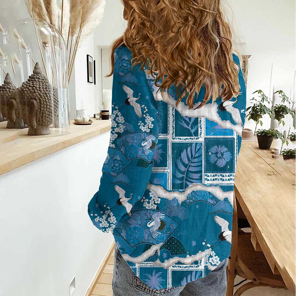 Hawaii Japanese Culture Blue Women Casual Shirt Spring Cranes Aloha Pattern LT01 - Polynesian Pride