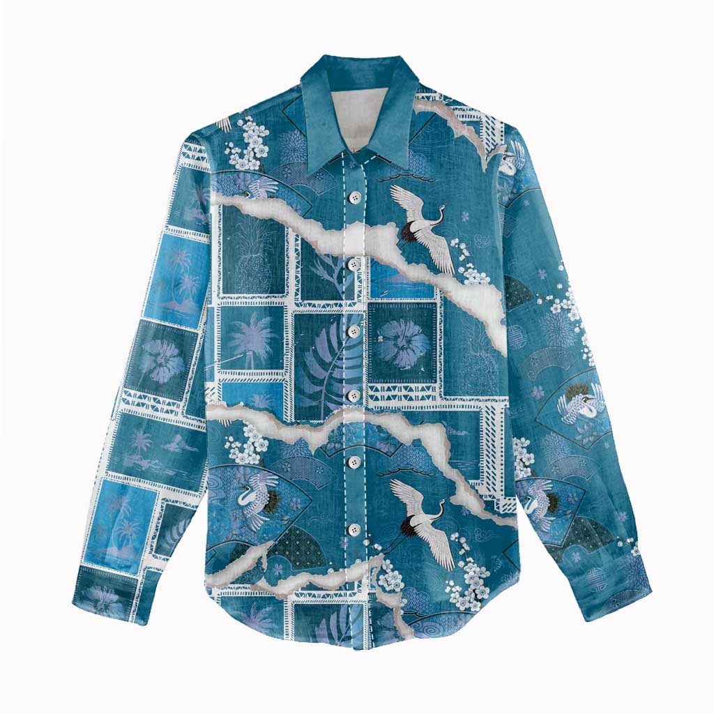 Hawaii Japanese Culture Blue Women Casual Shirt Spring Cranes Aloha Pattern LT01 - Polynesian Pride