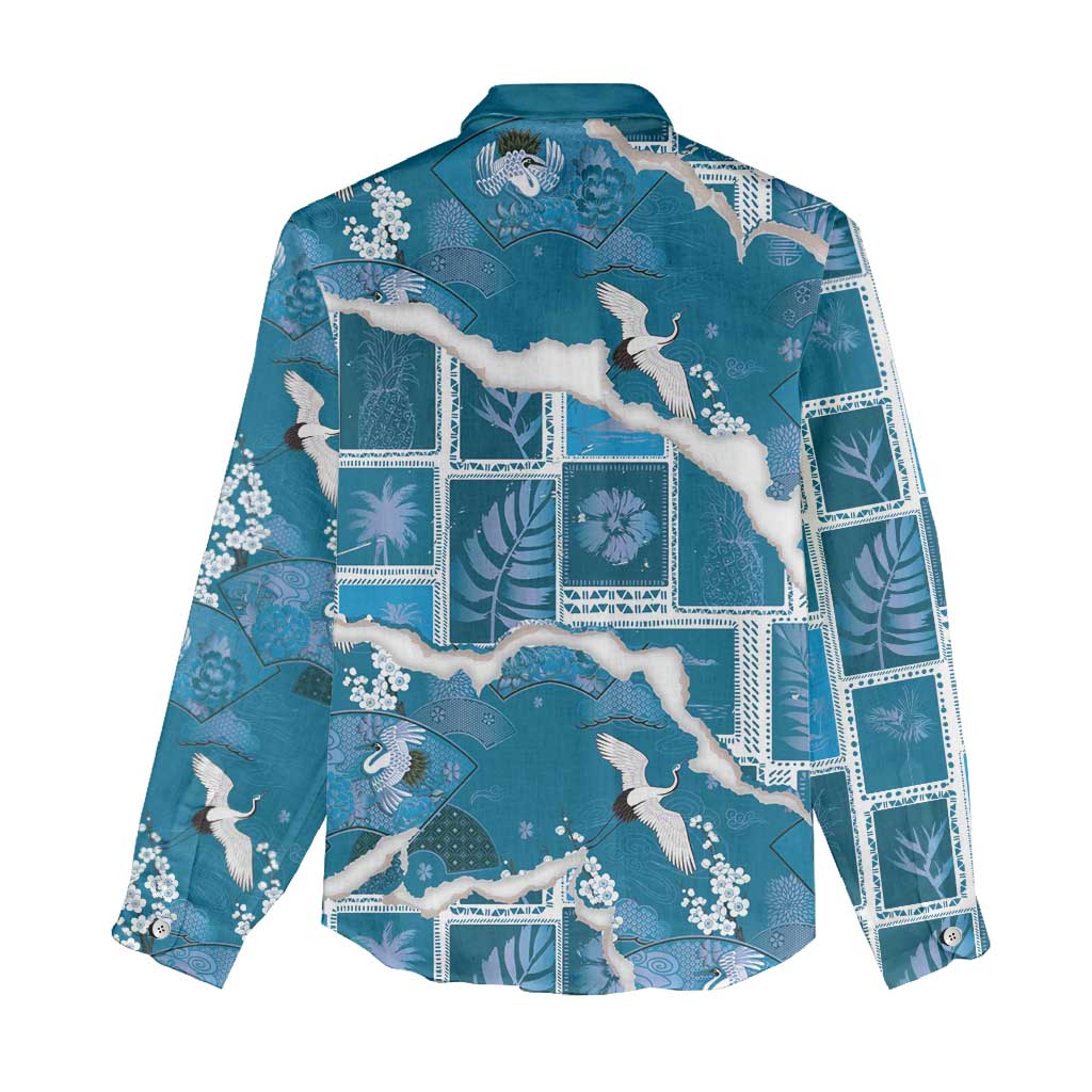 Hawaii Japanese Culture Blue Women Casual Shirt Spring Cranes Aloha Pattern LT01 - Polynesian Pride
