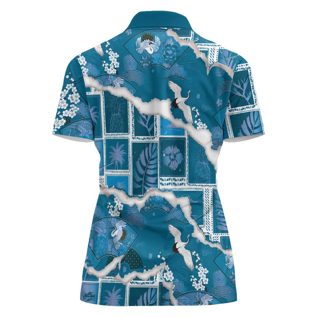 Hawaii Japanese Culture Blue Women Polo Shirt Spring Cranes Aloha Pattern