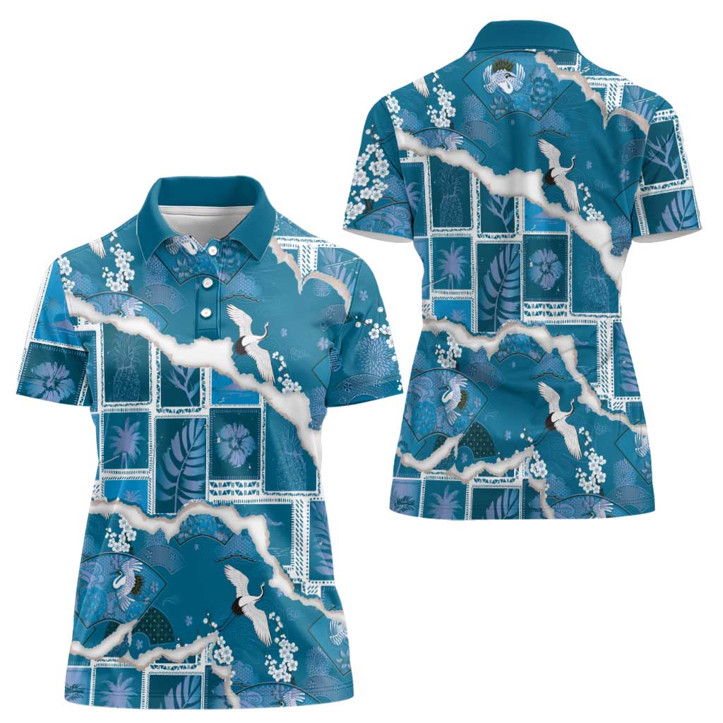 Hawaii Japanese Culture Blue Women Polo Shirt Spring Cranes Aloha Pattern