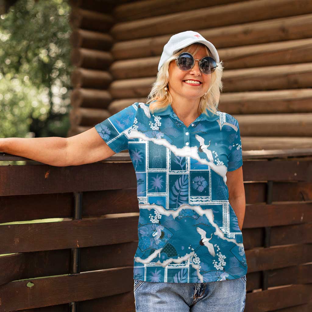 Hawaii Japanese Culture Blue Women Polo Shirt Spring Cranes Aloha Pattern