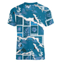 Hawaii Japanese Culture Blue Women V-Neck T-Shirt Spring Cranes Aloha Pattern LT01 - Polynesian Pride