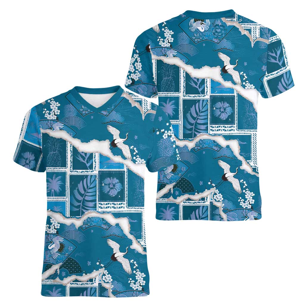 Hawaii Japanese Culture Blue Women V-Neck T-Shirt Spring Cranes Aloha Pattern LT01 - Polynesian Pride