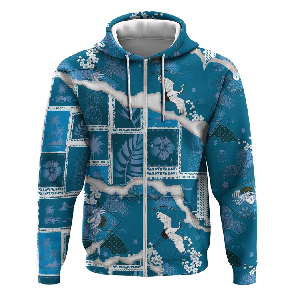 Hawaii Japanese Culture Blue Zip Hoodie Spring Cranes Aloha Pattern LT01 Zip Hoodie Blue - Polynesian Pride
