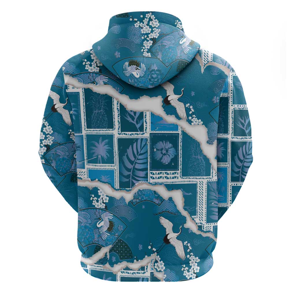 Hawaii Japanese Culture Blue Zip Hoodie Spring Cranes Aloha Pattern LT01 - Polynesian Pride