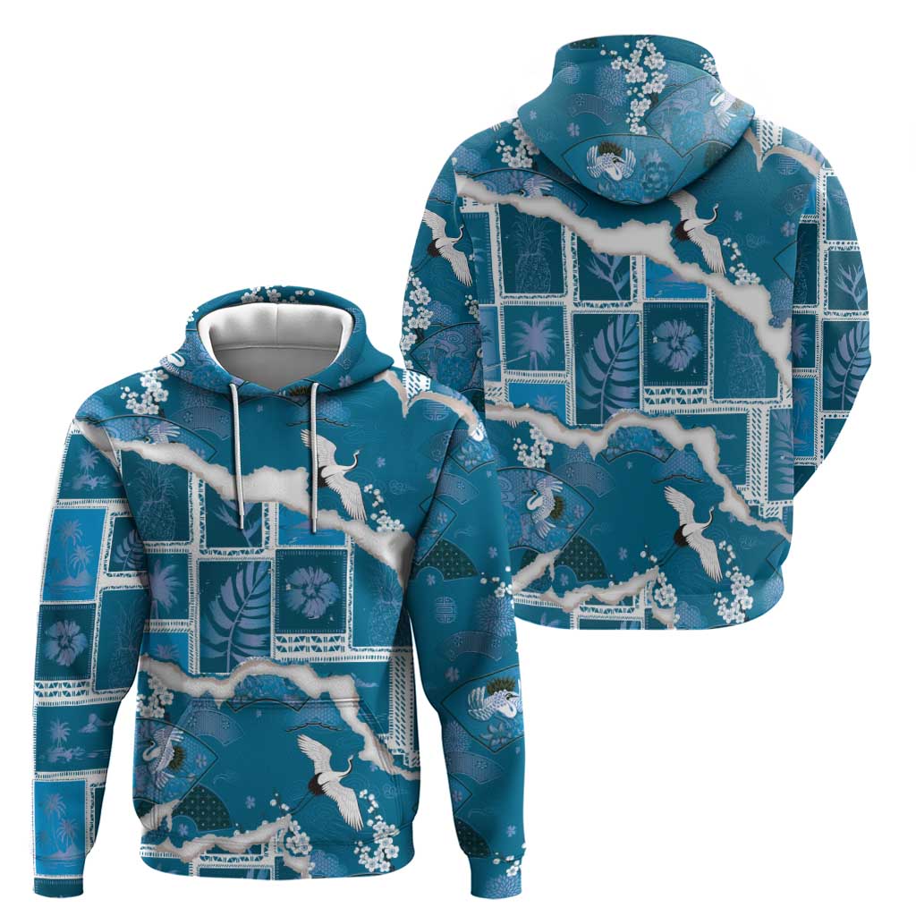 Hawaii Japanese Culture Blue Zip Hoodie Spring Cranes Aloha Pattern LT01 - Polynesian Pride