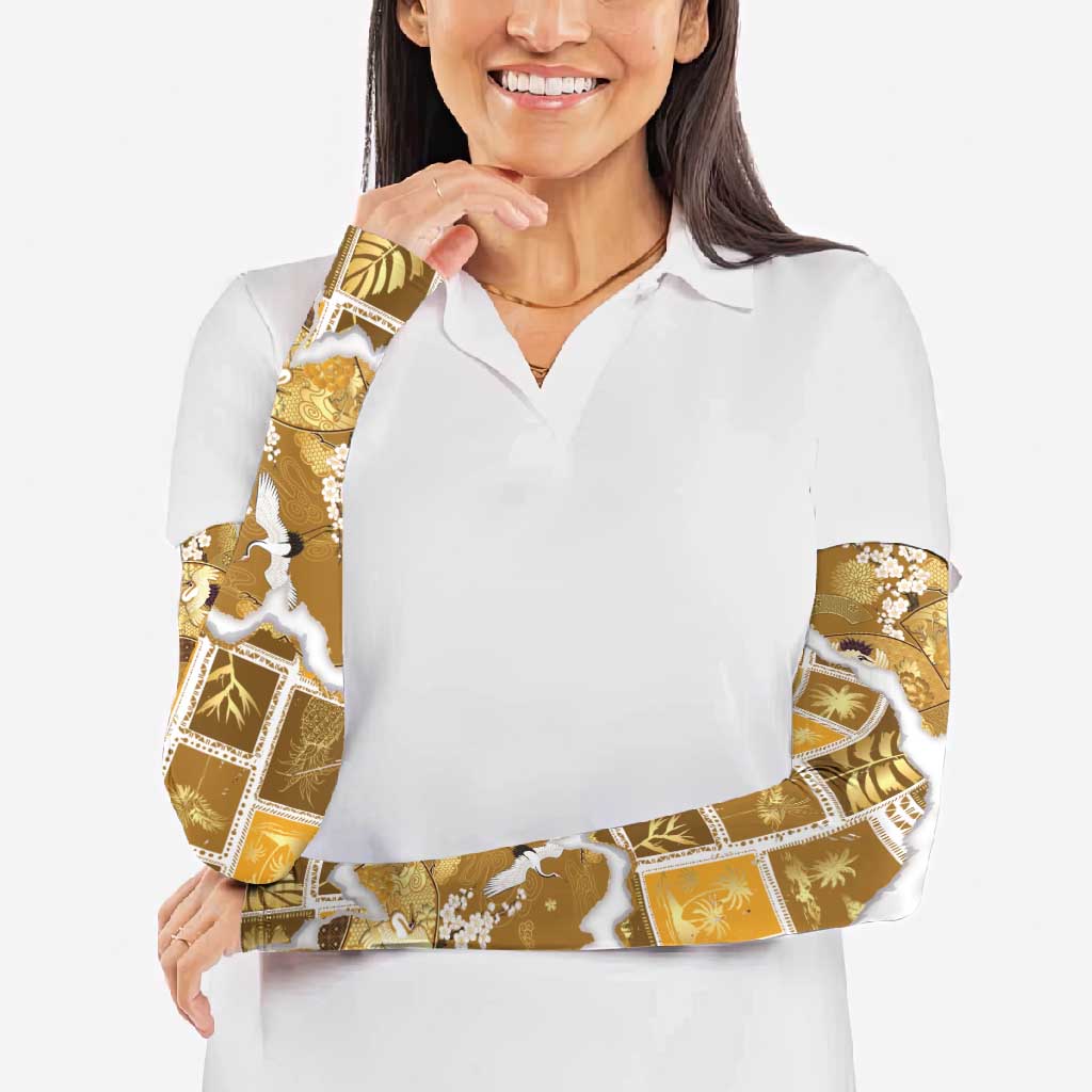 Hawaii Japanese Culture Gold Arm Sleeves Spring Cranes Aloha Pattern