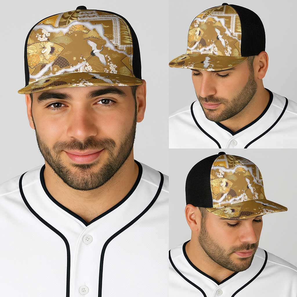 Hawaii Japanese Culture Gold Baseball Net Cap Spring Cranes Aloha Pattern