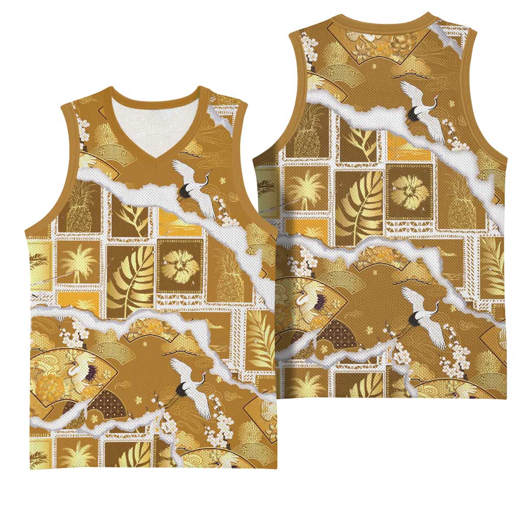 Hawaii Japanese Culture Gold Basketball Jersey Spring Cranes Aloha Pattern