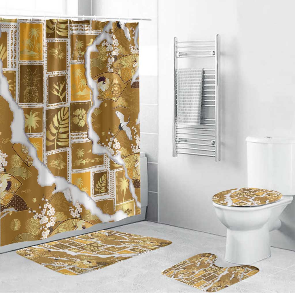 Hawaii Japanese Culture Gold Bathroom Set Spring Cranes Aloha Pattern
