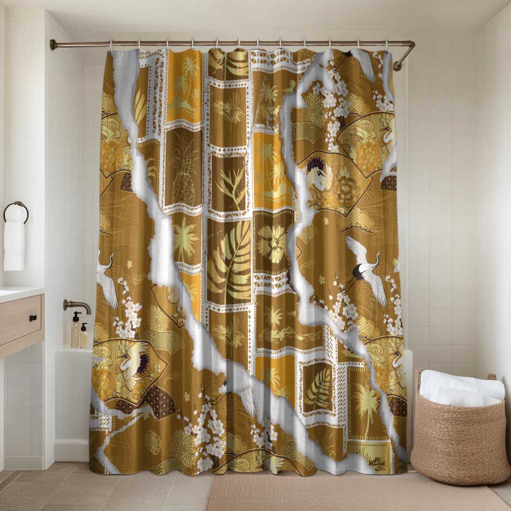 Hawaii Japanese Culture Gold Bathroom Set Spring Cranes Aloha Pattern