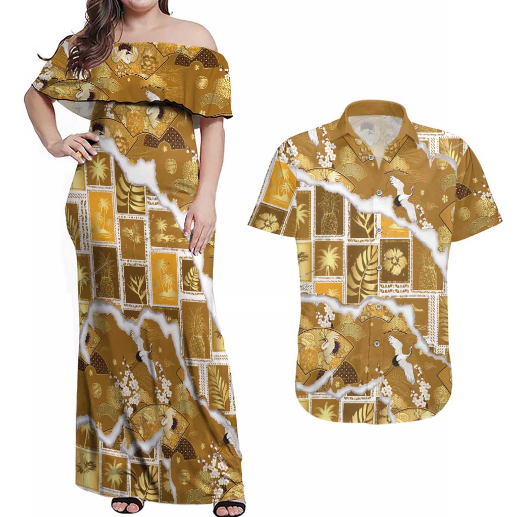 Hawaii Japanese Culture Gold Couples Matching Off Shoulder Maxi Dress and Hawaiian Shirt Spring Cranes Aloha Pattern LT01 Gold - Polynesian Pride