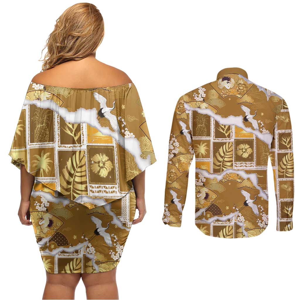 Hawaii Japanese Culture Gold Couples Matching Off Shoulder Short Dress and Long Sleeve Button Shirt Spring Cranes Aloha Pattern LT01 - Polynesian Pride