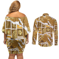 Hawaii Japanese Culture Gold Couples Matching Off Shoulder Short Dress and Long Sleeve Button Shirt Spring Cranes Aloha Pattern LT01 - Polynesian Pride