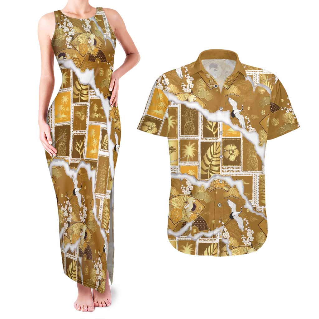 Hawaii Japanese Culture Gold Couples Matching Tank Maxi Dress and Hawaiian Shirt Spring Cranes Aloha Pattern LT01 Gold - Polynesian Pride