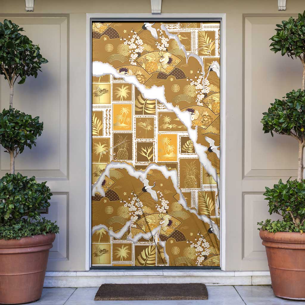 Hawaii Japanese Culture Gold Door Cover Spring Cranes Aloha Pattern