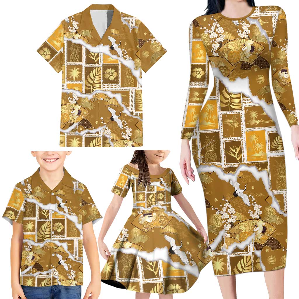 Hawaii Japanese Culture Gold Family Matching Long Sleeve Bodycon Dress and Hawaiian Shirt Spring Cranes Aloha Pattern LT01 - Polynesian Pride