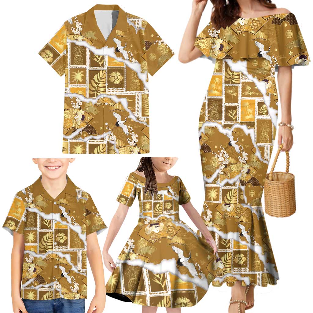 Hawaii Japanese Culture Gold Family Matching Mermaid Dress and Hawaiian Shirt Spring Cranes Aloha Pattern