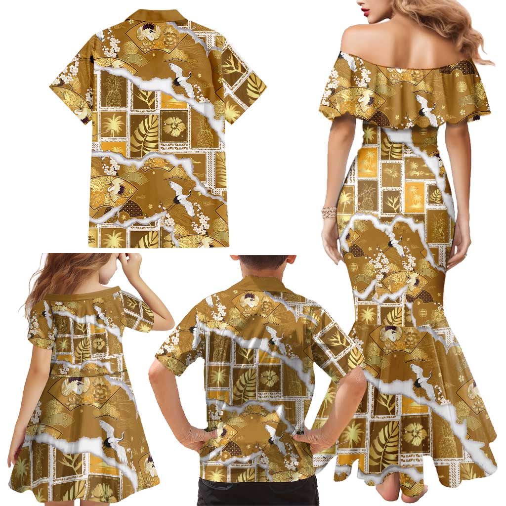 Hawaii Japanese Culture Gold Family Matching Mermaid Dress and Hawaiian Shirt Spring Cranes Aloha Pattern