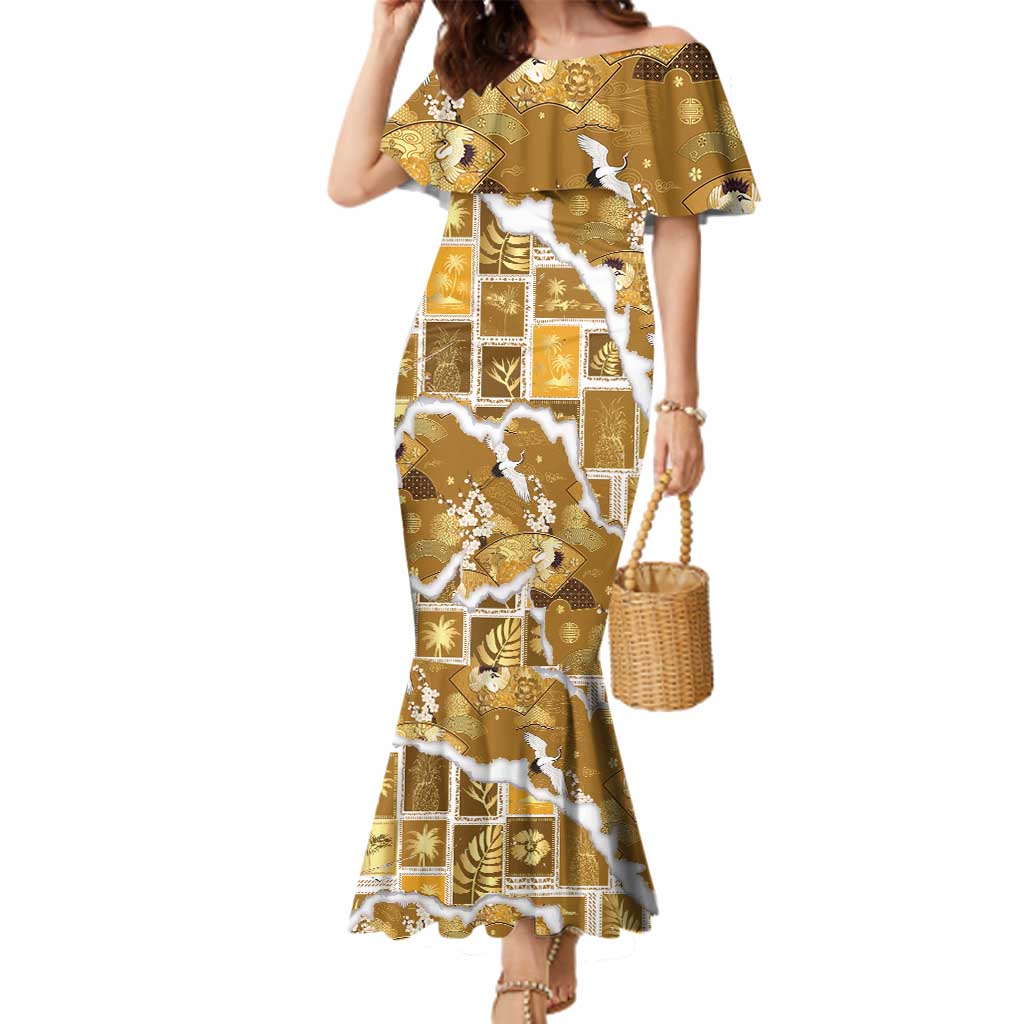 Hawaii Japanese Culture Gold Family Matching Mermaid Dress and Hawaiian Shirt Spring Cranes Aloha Pattern