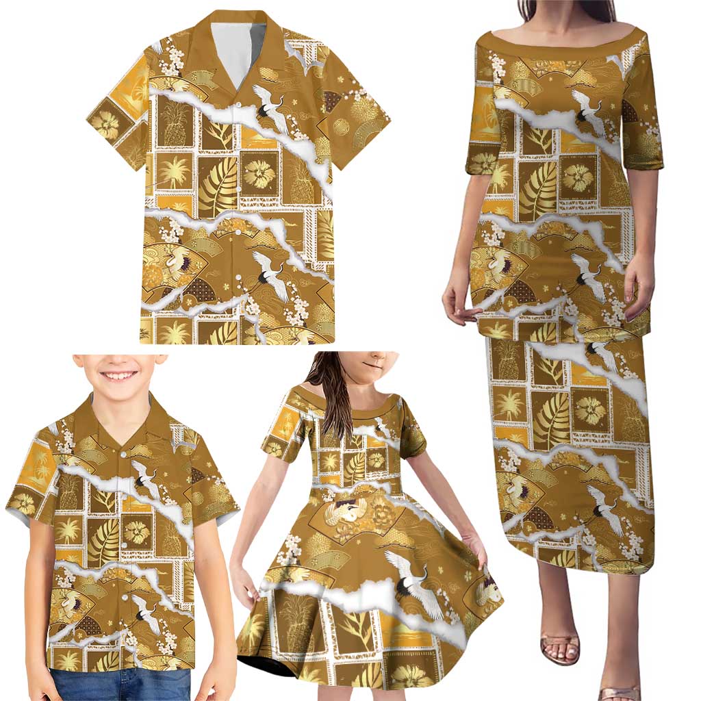 Hawaii Japanese Culture Gold Family Matching Puletasi and Hawaiian Shirt Spring Cranes Aloha Pattern LT01 - Polynesian Pride