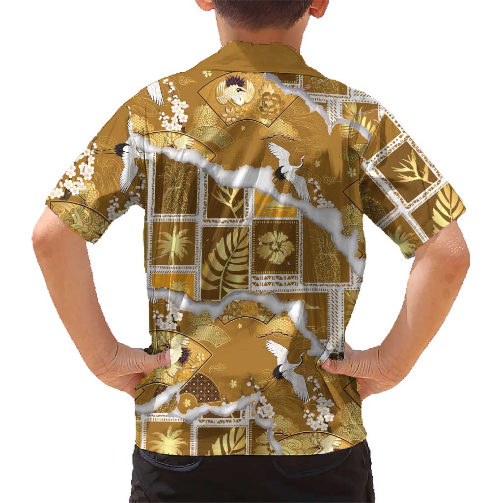 Hawaii Japanese Culture Gold Family Matching Summer Maxi Dress and Hawaiian Shirt Spring Cranes Aloha Pattern