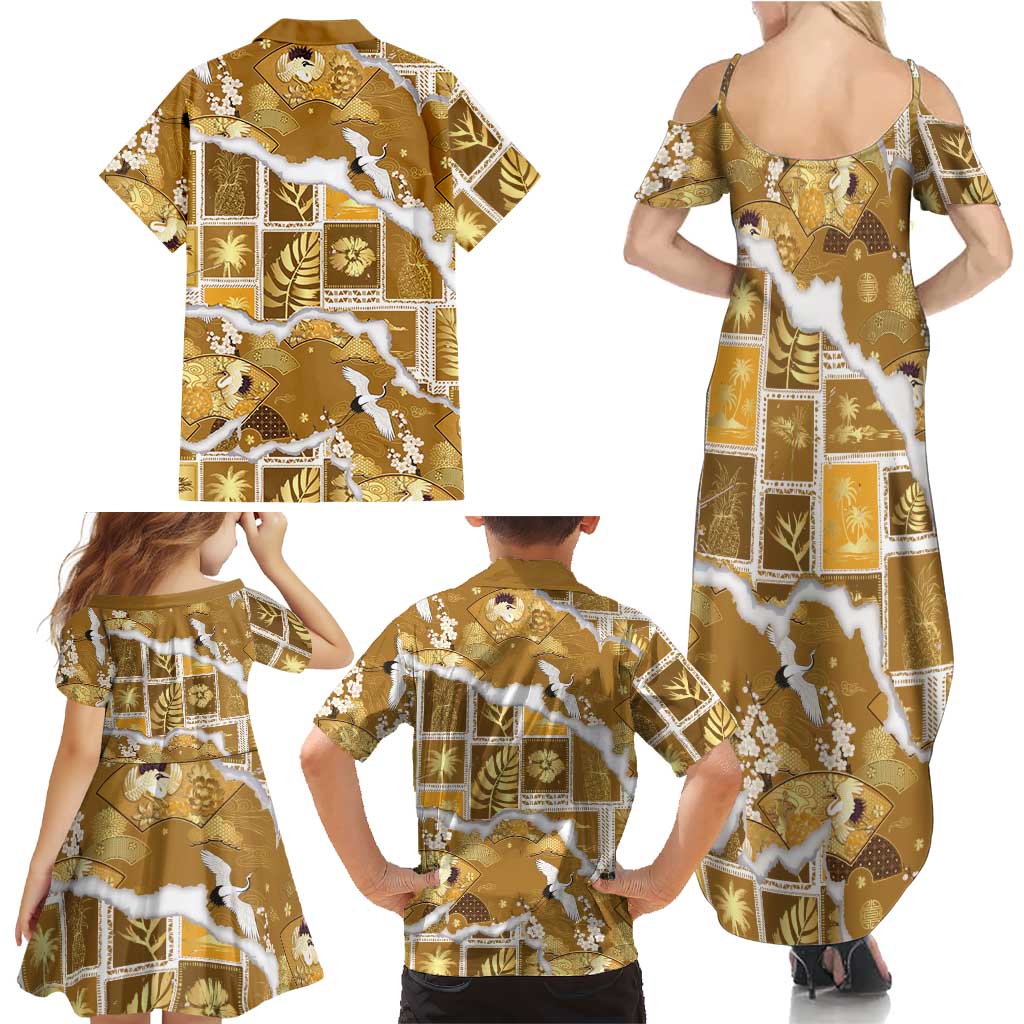 Hawaii Japanese Culture Gold Family Matching Summer Maxi Dress and Hawaiian Shirt Spring Cranes Aloha Pattern