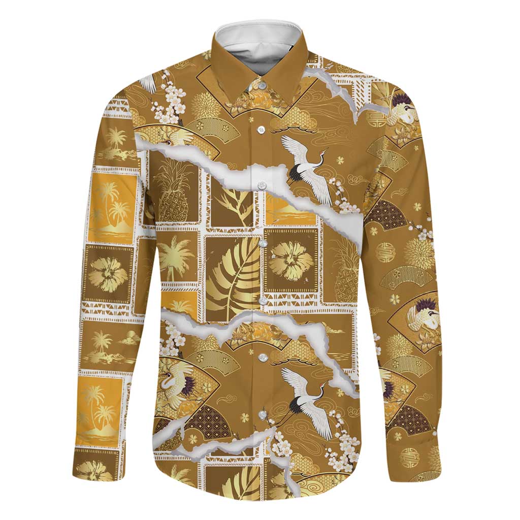 Hawaii Japanese Culture Gold Family Matching Summer Maxi Dress and Hawaiian Shirt Spring Cranes Aloha Pattern