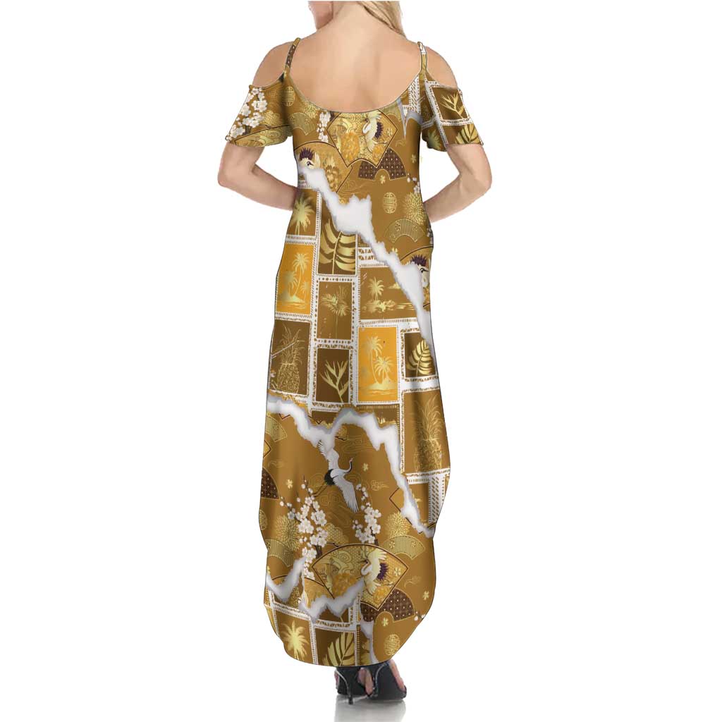 Hawaii Japanese Culture Gold Family Matching Summer Maxi Dress and Hawaiian Shirt Spring Cranes Aloha Pattern