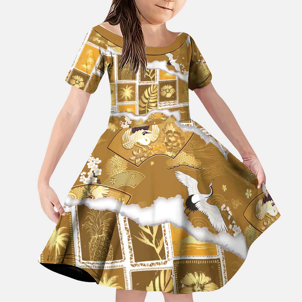 Hawaii Japanese Culture Gold Family Matching Tank Maxi Dress and Hawaiian Shirt Spring Cranes Aloha Pattern