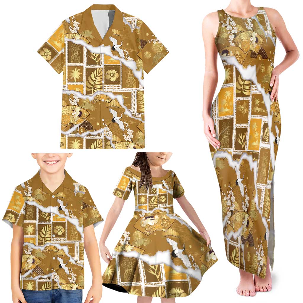 Hawaii Japanese Culture Gold Family Matching Tank Maxi Dress and Hawaiian Shirt Spring Cranes Aloha Pattern