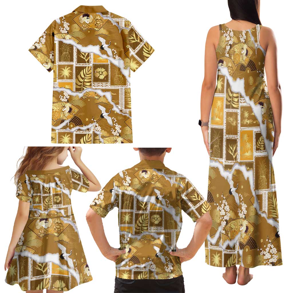 Hawaii Japanese Culture Gold Family Matching Tank Maxi Dress and Hawaiian Shirt Spring Cranes Aloha Pattern