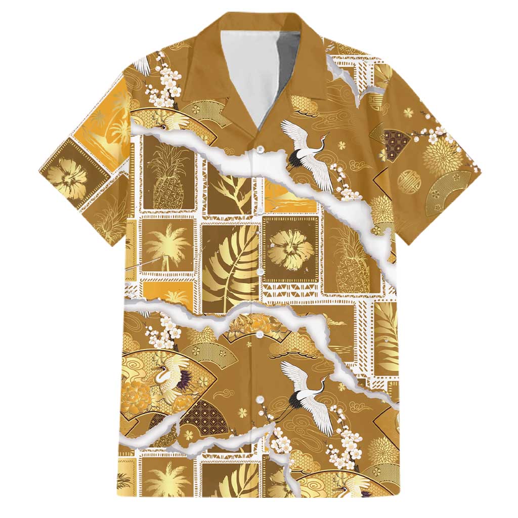 Hawaii Japanese Culture Gold Family Matching Tank Maxi Dress and Hawaiian Shirt Spring Cranes Aloha Pattern
