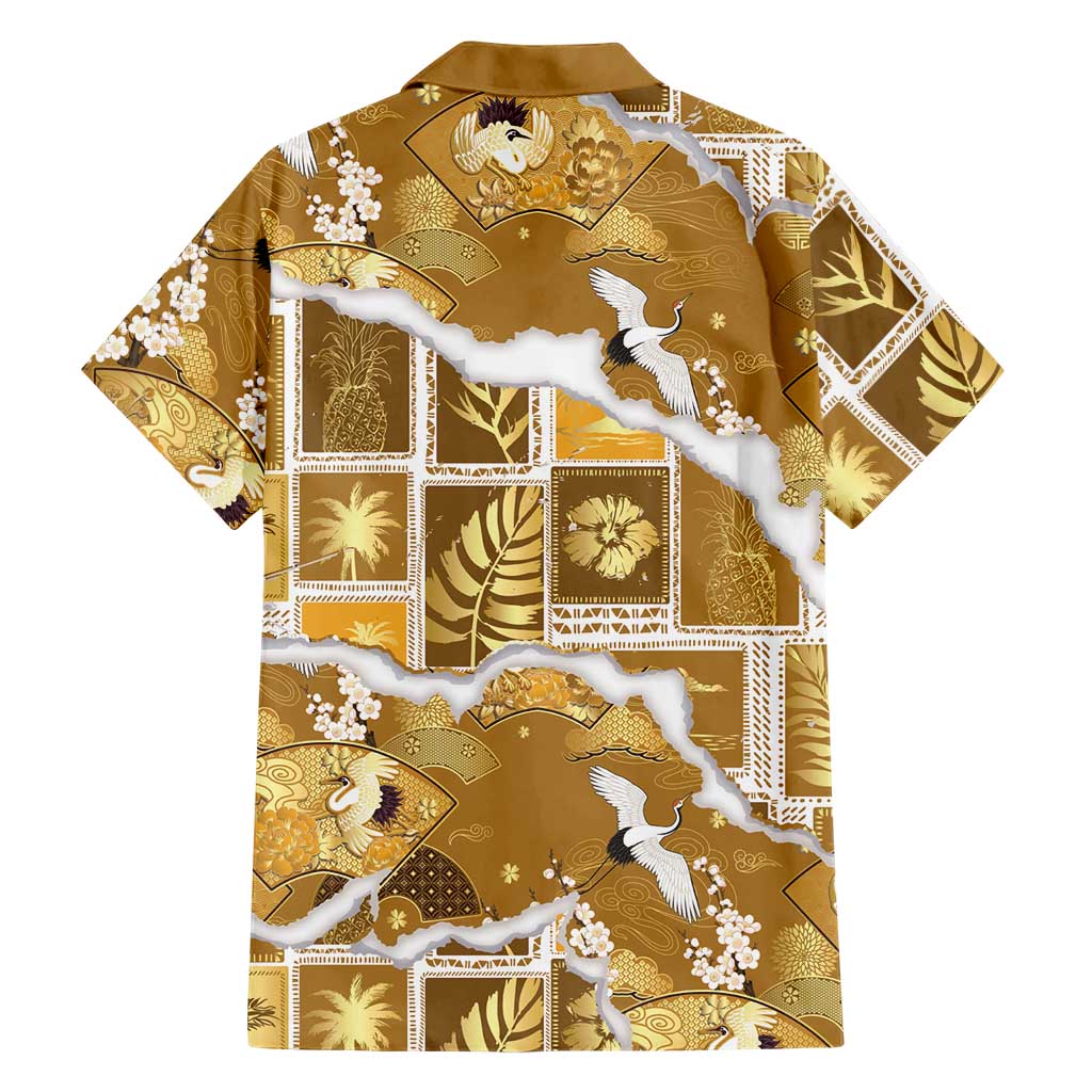 Hawaii Japanese Culture Gold Family Matching Tank Maxi Dress and Hawaiian Shirt Spring Cranes Aloha Pattern