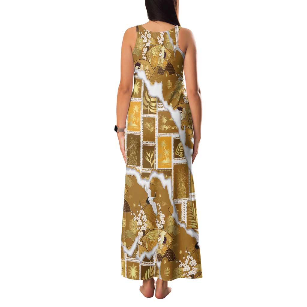 Hawaii Japanese Culture Gold Family Matching Tank Maxi Dress and Hawaiian Shirt Spring Cranes Aloha Pattern