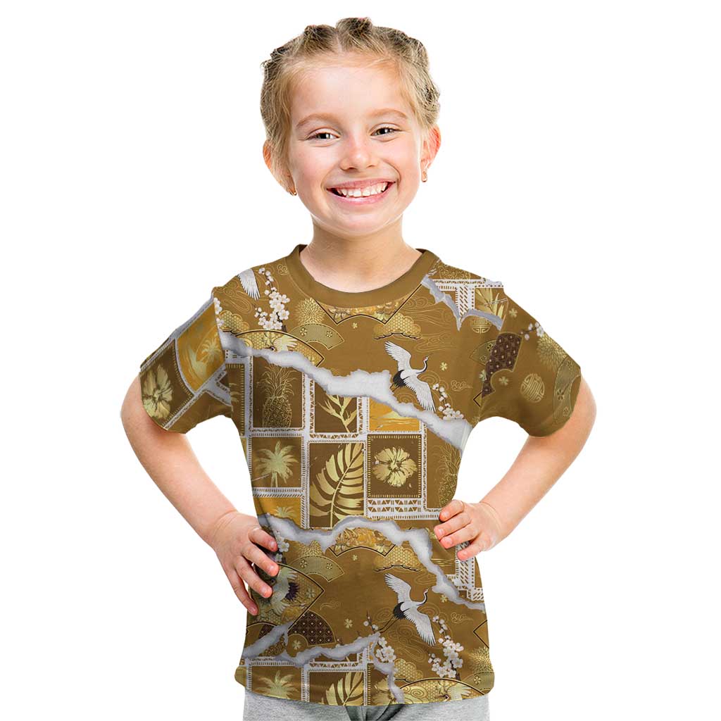 Hawaii Japanese Culture Gold Kid T Shirt Spring Cranes Aloha Pattern