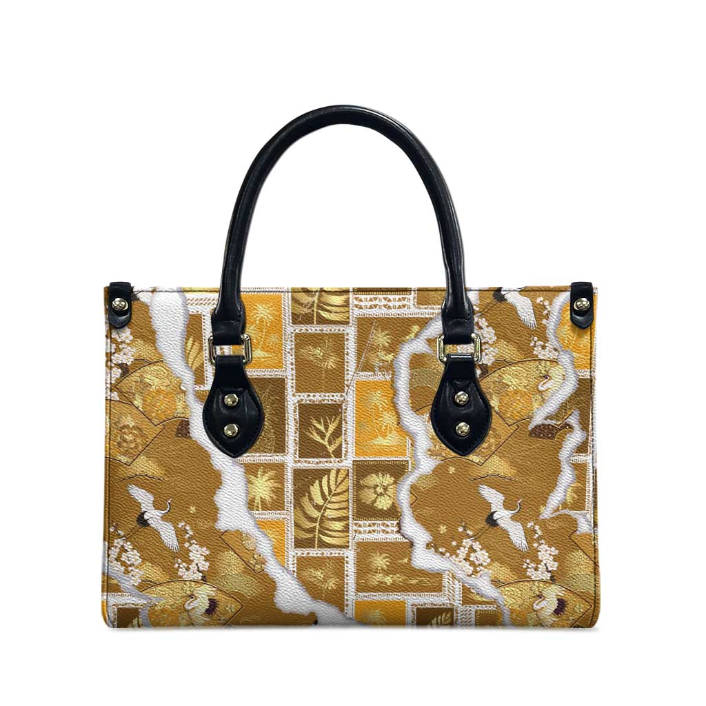 Hawaii Japanese Culture Gold Leather Bag Spring Cranes Aloha Pattern