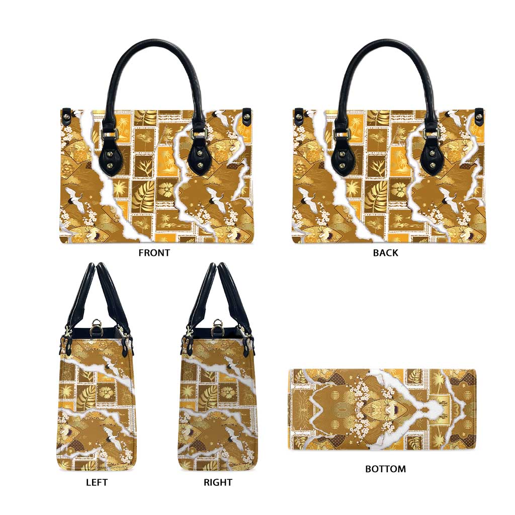 Hawaii Japanese Culture Gold Leather Bag Spring Cranes Aloha Pattern