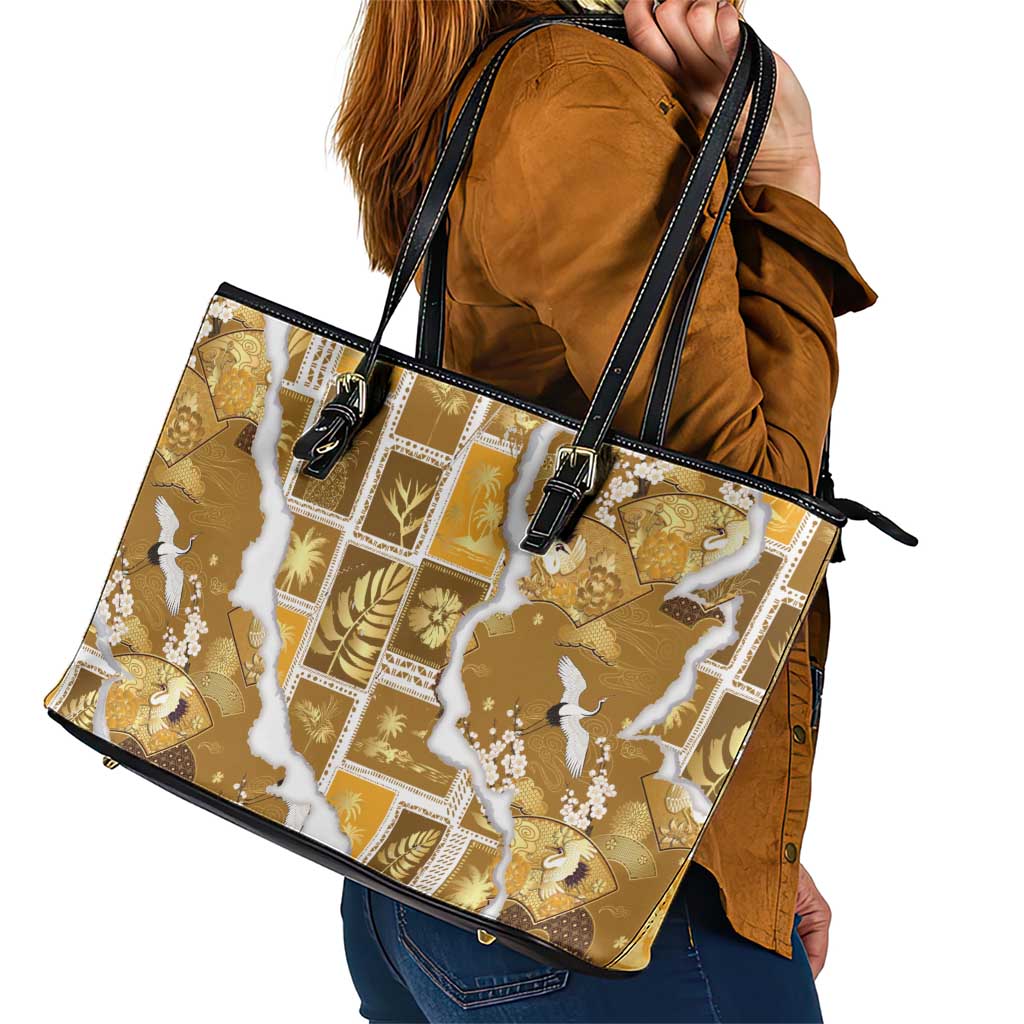 Hawaii Japanese Culture Gold Leather Tote Bag Spring Cranes Aloha Pattern LT01 - Polynesian Pride