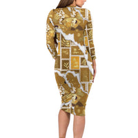Hawaii Japanese Culture Gold Long Sleeve Bodycon Dress Spring Cranes Aloha Pattern LT01 - Polynesian Pride