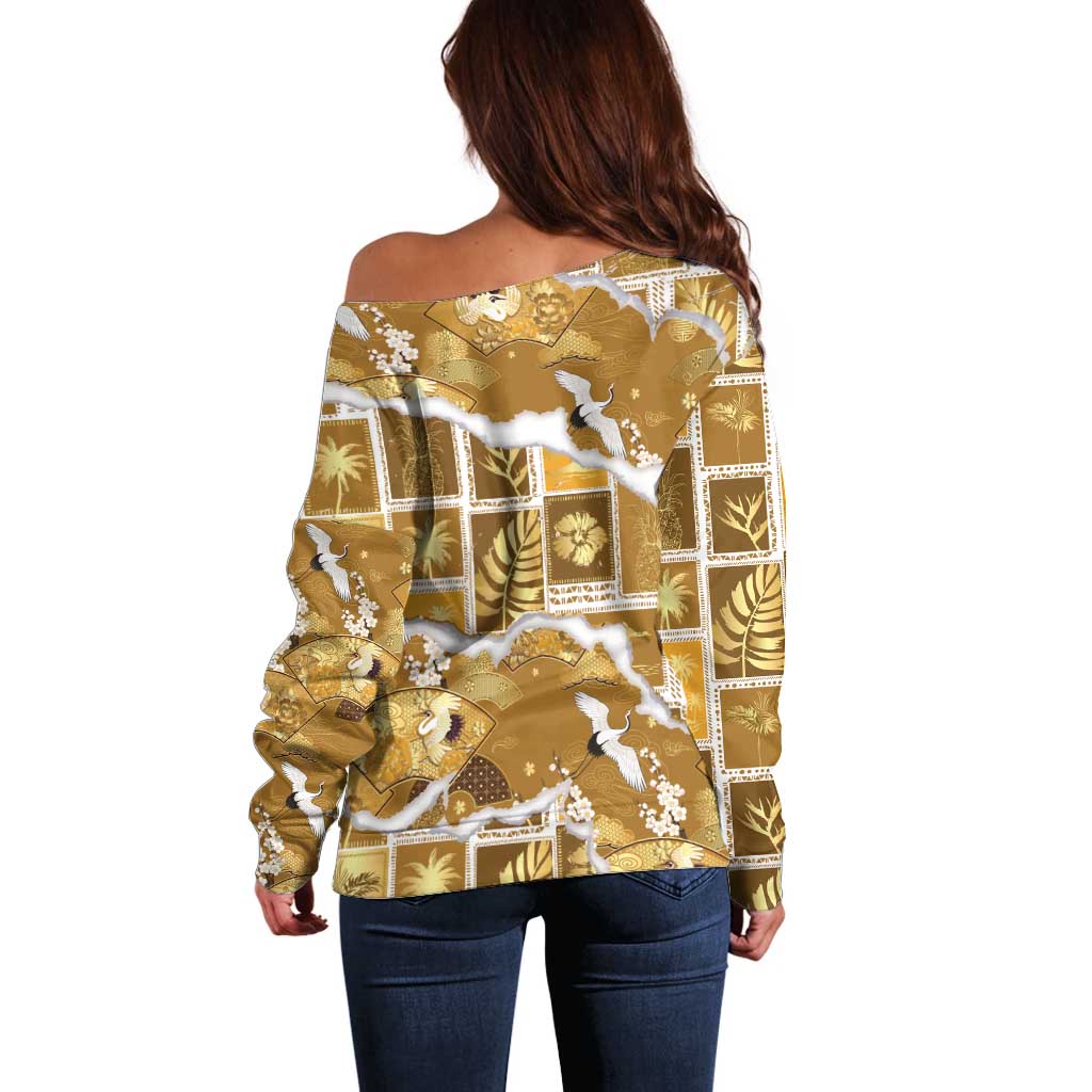 Hawaii Japanese Culture Gold Off Shoulder Sweater Spring Cranes Aloha Pattern LT01 - Polynesian Pride
