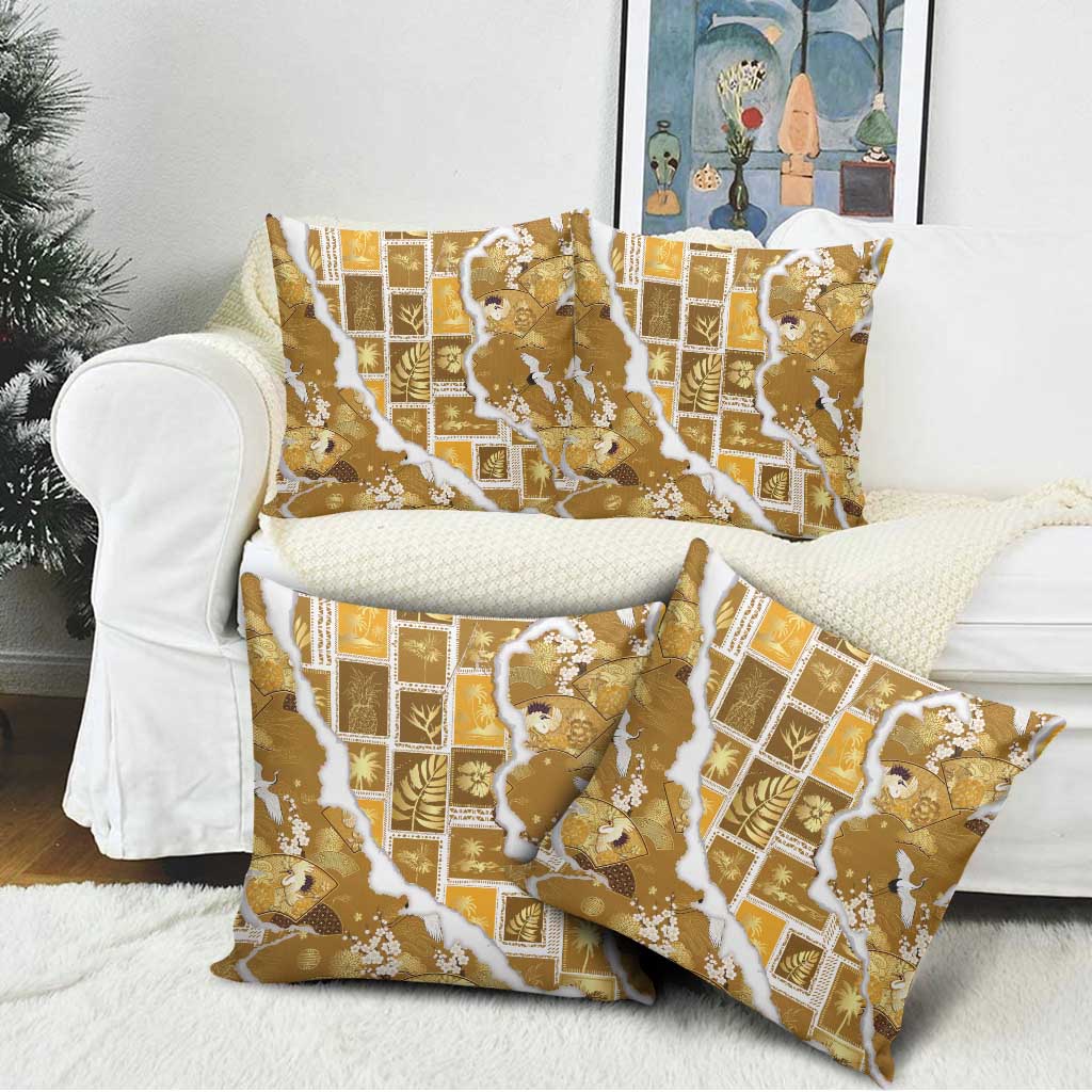 Hawaii Japanese Culture Gold Pillow Cover Spring Cranes Aloha Pattern