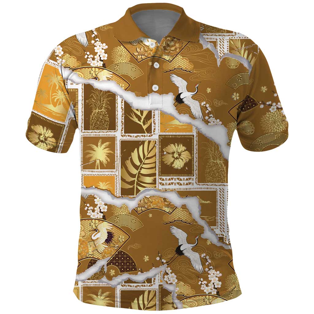 Hawaii Japanese Culture Gold Polo Shirt Spring Cranes Aloha Pattern LT01 Gold - Polynesian Pride