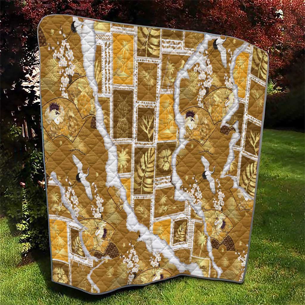 Hawaii Japanese Culture Gold Quilt Spring Cranes Aloha Pattern