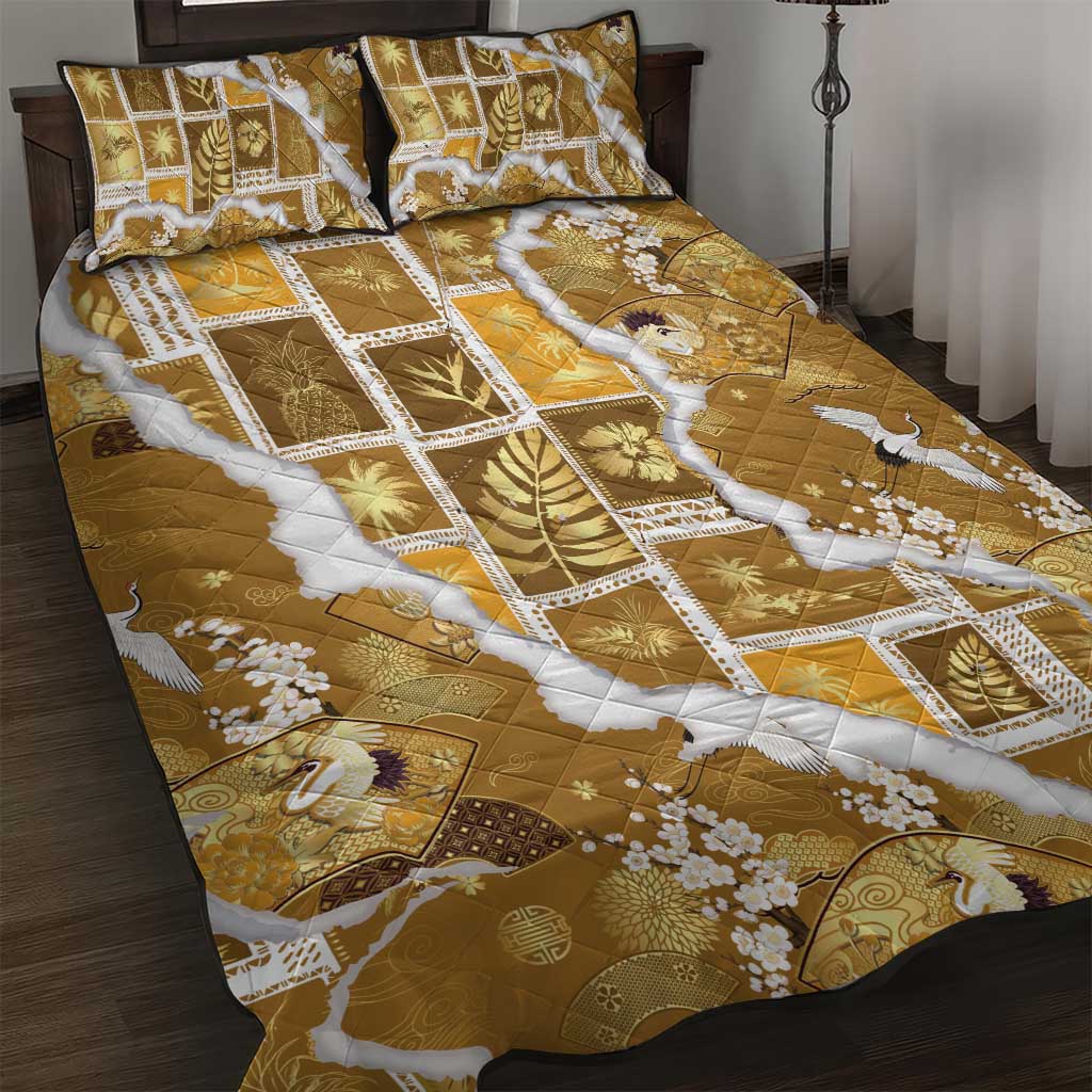 Hawaii Japanese Culture Gold Quilt Bed Set Spring Cranes Aloha Pattern
