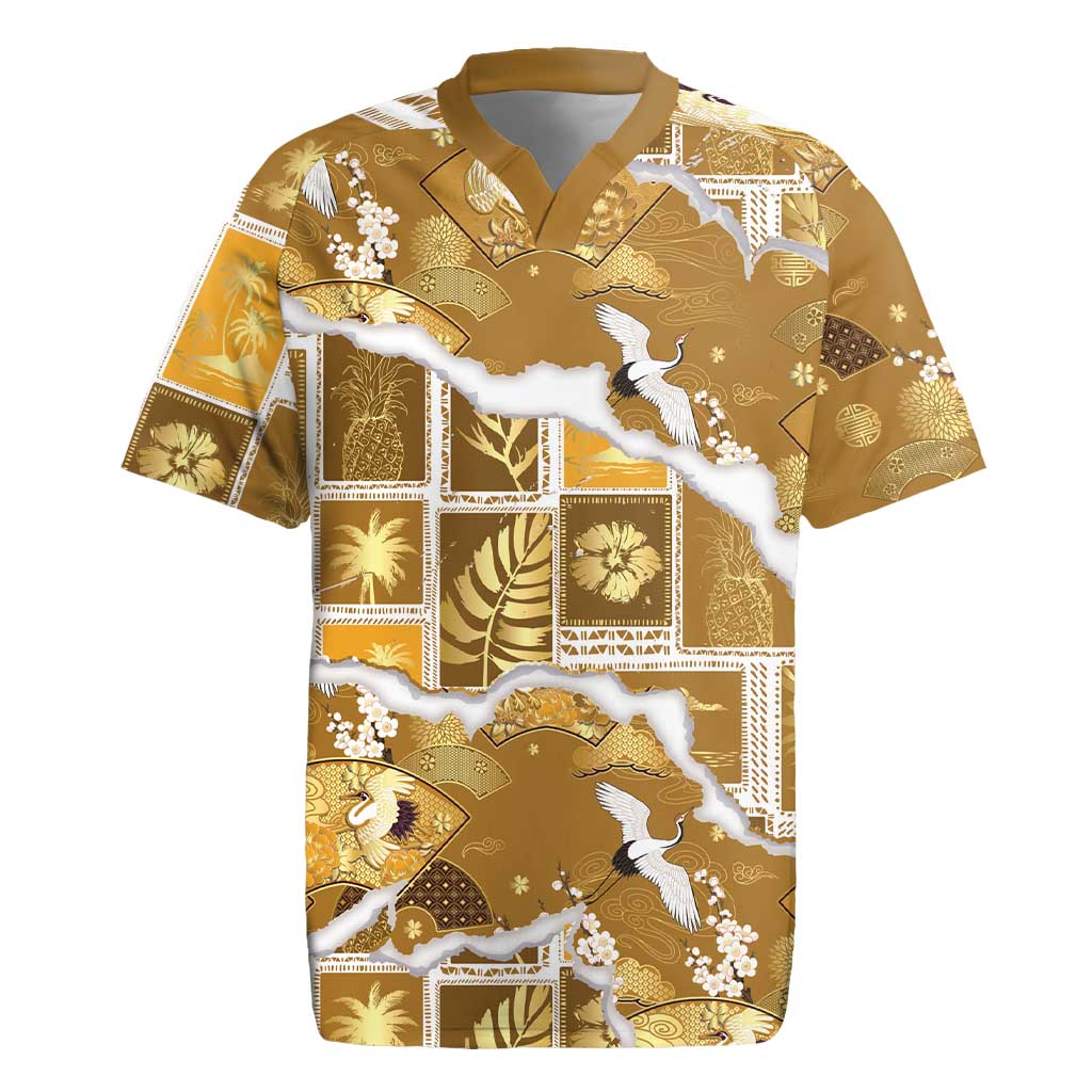 Hawaii Japanese Culture Gold Rugby Jersey Spring Cranes Aloha Pattern LT01 Gold - Polynesian Pride